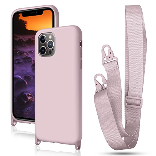 Greneric Funda con Cuerda para iPhone 12 Pro MAX 6.7'', Carcasa de Silicona Líquida, Case con Correa Colgante Ajustable Collar Correa de Cuello Cadena Cordón, Rosa Cover