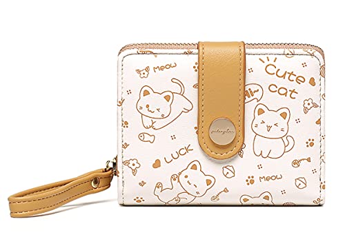 Cat Wallets for Girls, Cute Small PU Leather Wallet Card Holder Coin Purse with ID Window for Women and Girls (Yellow)