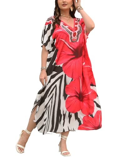 Image of Moss Rose Kaftan Dresses for Women V Neck Summer Swimsuit Cover up Caftan Maxi Beach Dresses