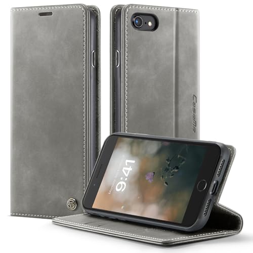 owlhold Handyhülle für iPhone SE 2022 / SE 2020 / iPhone 8/7/6 hülle flip case Premium PU Leder, RFID Schutzhülle, Faltbare Ständer, Handytasche Lederhülle Kartenfach Standfunktion - Grau