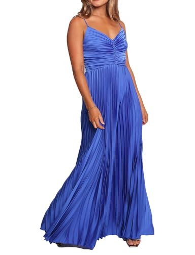 Women's Summer Pleated Dress Floral Print Adjustable Spaghetti Strap Maxi Solid Dresses