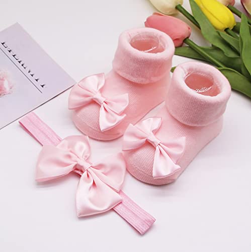 Newborn Baby Infant Warm Slipper Socks Toddler Anti Slip Socks Shoes Knitted Floor Socks with Bow Hairband Sets4