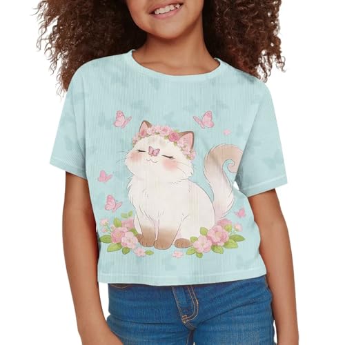 Image of Girls Fashion Crewneck Tee Shirts Casual Short Sleeve Crop Top Summer Outfits 5-14 Year