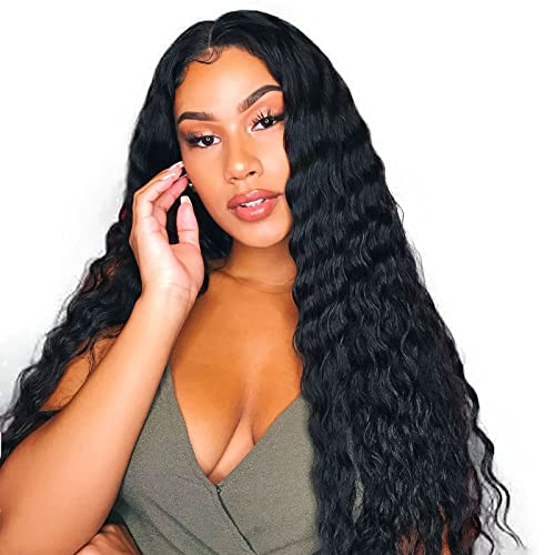 28" Long Curly Synthetic Hair Wigs Black Small Lace Front Wigs For Women Loose Deep Wave Wig 4" Fake Scalp Middle Part Natural Looking Crimps Curls Hair Replacement Wigs For Daily Party Use (1B#) #TOP6