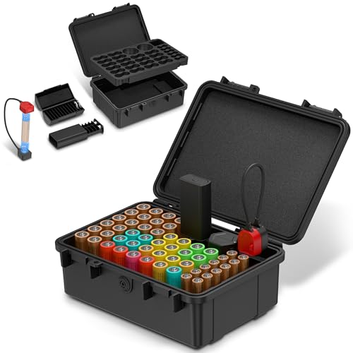 Estuche organizador de baterías con probador de batería pequeño, IP68 resistente al agua, caja de contenedor para 40 pilas AA y 12 AAA y 12 CR2032 CR2025 de litio y 18 pilas LR44/2 D para el hogar