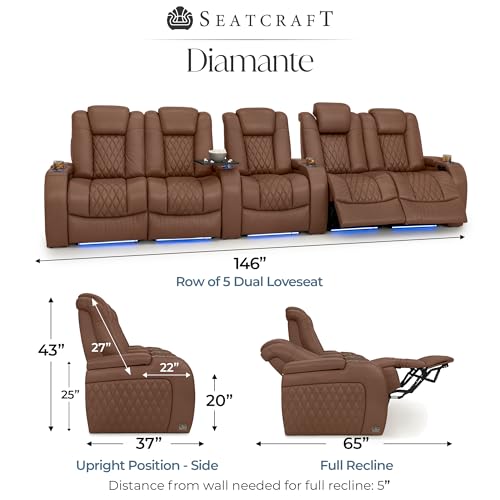 Image of Seatcraft Diamante Tobacco Italian Leather Home Theater Seating, Zero Gravity Power Recliner Gaming and Home Office Chair Powered Headrest Lounge Sofa Furniture for Cinema Room Row of 5 Dual Loveseats