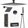 WHSHOWER Matte Black Full Body Shower System Thermostatic Shower System Dual Shower Heads Shower System with 12" & 8" Shower Heads, Handheld,Waterfall Bathtub Spout and Digital Display