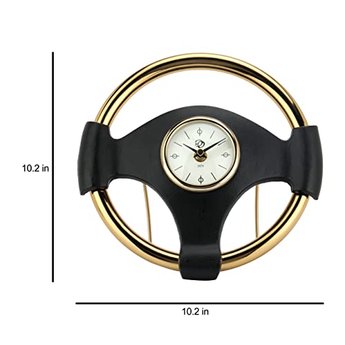 Image of Decor de Maison Brings Handcrafted Wheel Steel Table Clock for Home, Room, Office, Shelves | Classic Non-Ticking Tabletop Battery Operated Analog Desk Clock in Gold Ring & Black Body (26x3x3cm)