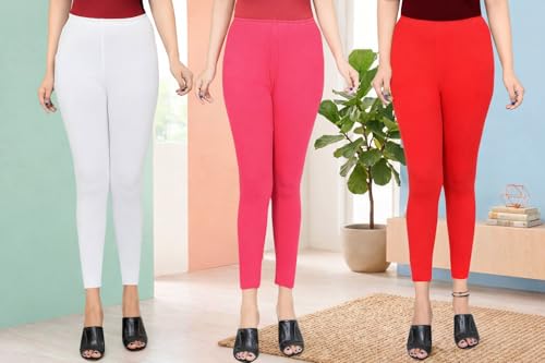 Image of Women Ankle Length Leggings Combo Multicolour Stretchable Cotton Yoga Gym Workout Pants Lyra Jeggings Casual Slim Fit