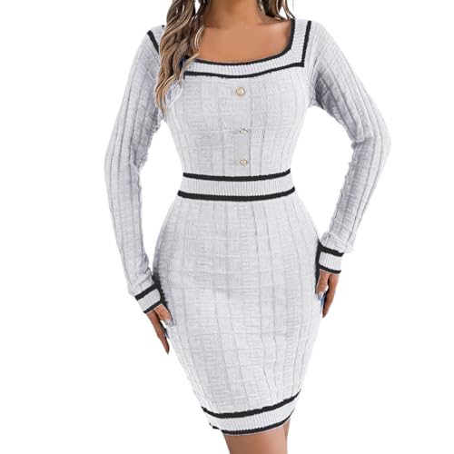 Strickkleid Damen Gestreiftes Pulloverkleid Sexy Winterkleider Midikleid mit quadratischem Ausschnitt Weiß L