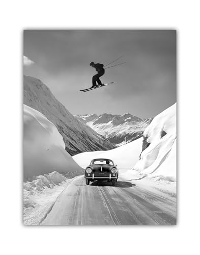 Jumping Over Porsche Vintage Ski Photography Black and White Alpine