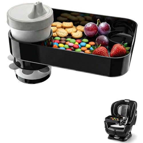 Car Seat Snack Tray for Toddlers Reduces Mess Square Travel Tray Cup Holder Snack Tray Durable Car Food Tray for Kids Universal Fit Kids Travel Road Trip Essentials (Black)