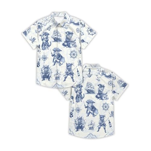 Image of THE PIRATE KING Funny Pirate Hawaiian Shirt Boys Girls Beach Tropical Casual Short Sleeve Button Down Shirt for 5-14 Years