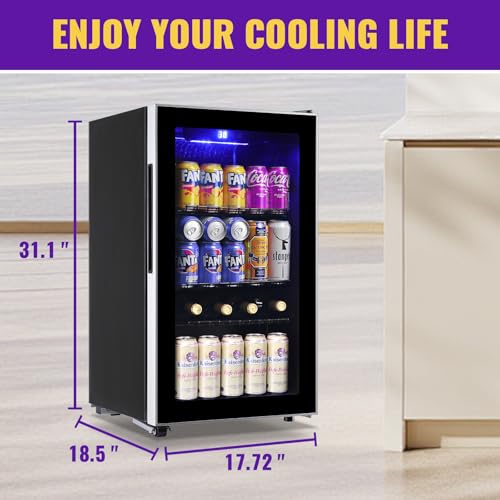 Image of WANAI 3.5 Cu.ft Beverage Refrigerator & Mini Cooler with LED Touch Panel 125 Can Small Beer Fridge with Glass Door for Wine Soda Juice Clear Front Removable Shelves for Home Office Bar