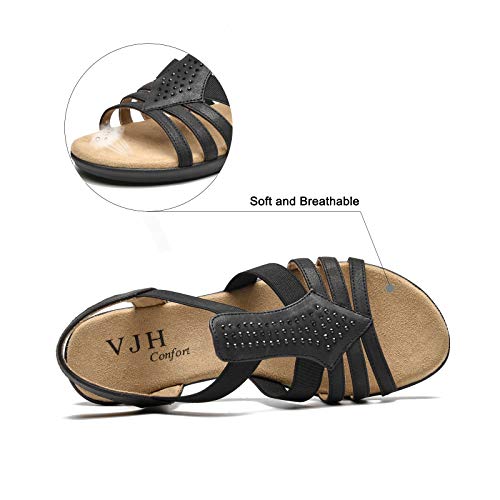 Vjh Confort WomenS Flat Sandals, Comfort Elastic Slip-On Light Weight Slingback Casual Walking Sandals With Rhinestone (Black,9) #TOP2