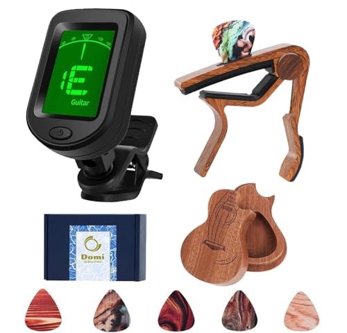 Guitar Capo and Clip-On Tuner Set with 6 Picks & Holder for Acoustic Guitar