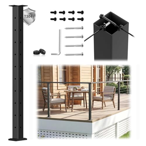 Image of 36 inch Swageless T-drilled Cable Railing Corner Post for Deck Cable Railing, T304 Stainless Steel Three Sides 90 Corner Deck Post with Upgraded Black Powder Coating for Indoor Outdoor Porch