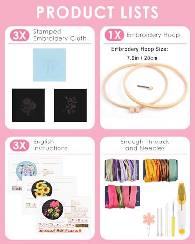Image of TINDTOP Embroidery Kit for Adult, Ribbon Embroidery Kit for Beginners | for Craft Lover Hand Stitch with Embroidery Skill Techniques (FLowers)