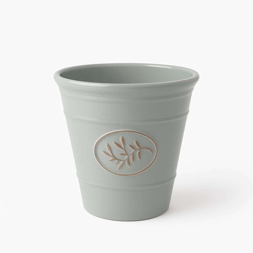 Divas World Outdoor Indoor Plant Pots Gloss Finish Flower Pot Decorative Planter Embossed Bee and Olive Frost Proof Glossy Effect Home Patio Garden (Olive Planter (Grey), 23 cms)