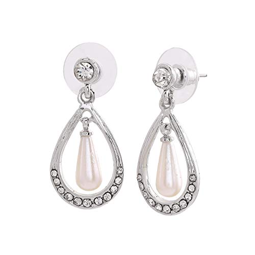 Image of Gehena by Estele Women's Rhodium tone Pearl Crytsal Frame Drop Earrings