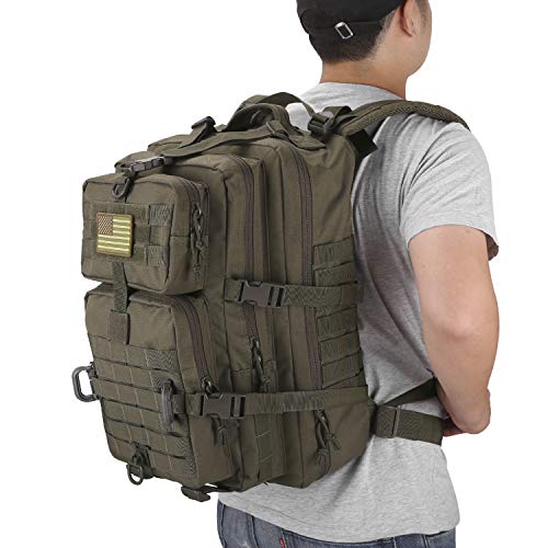 Image of Hannibal Tactical MOLLE Assault Backpack, Tactical Backpack Military Army Camping Rucksack, 3-Day Pack Trip w /USA Flag Patch, D-Rings, Olive