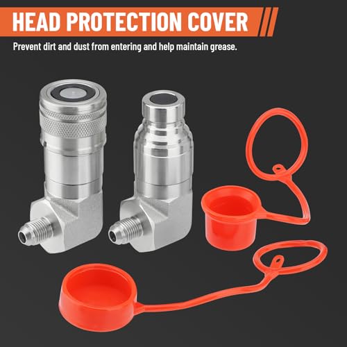 Image of 90 Degree Elbow 1 /2 inch Flat Face Hydraulic Quick Connect Coupler, 1 /2 inch Body Size x 3 /8″ JIC Male Thread Skid Steer Hydraulic Coupling Adapter with Dust Cap