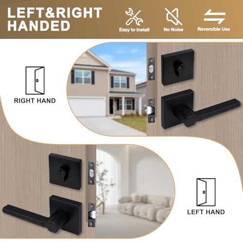 Image of NEWBANG Keyed Deadbolt Lock with Passage Lever Handle for Exterior Entrance in Matte Black, Heavy Duty and Reversible, HD1601-DB-DT-PS-SET-8P