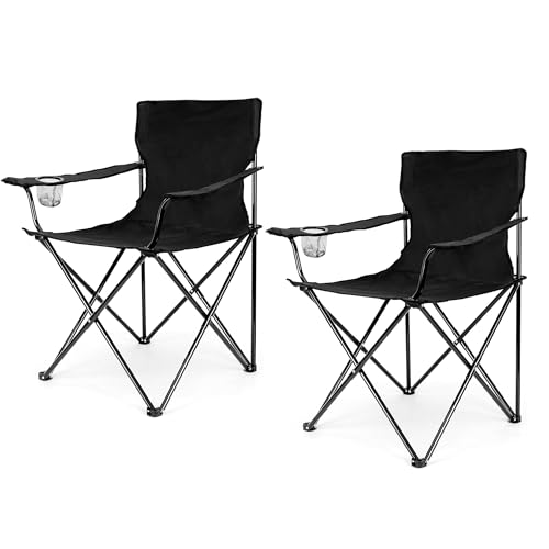 TIBBERS Sillas Plegables para Playa y Camping con Apoyabrazos y Soporte de Botella, Tela Oxford y Estructura de Acero, 80 x 50 x 50 cm, Color Negro, 2 Unidades, TBS039