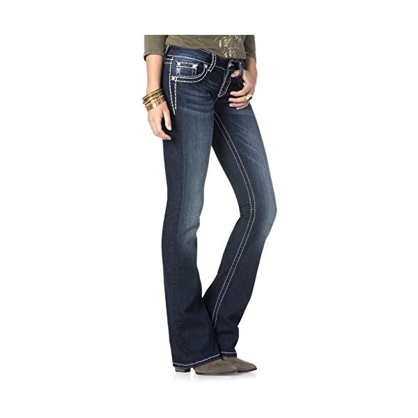 Miss Me Women's Loose Saddle Stitch Border Boot Cut Jean, Dark Blue, 34W x 32L