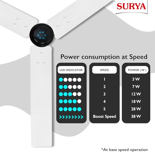 Image of Surya Roshni 1200mm Smart BLDC Ceiling Fan with Remote Control, 5-Star Energy Efficient Motor, LED Indicator, High Air Delivery & Low Noise Operation for Home and Office