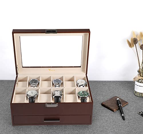 Voova Jewelry Box Watch Boxes Organizer For Men Women, 2 Layer Large 12 Slot Pu Leather Watch Storage Case, Glass Top Jewelry Display Holder For Watches Sunglasses Rings Necklaces Bracelets (Brown) #TOP5