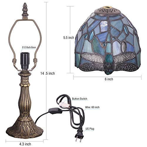 Rhlamps Small Tiffany Lamp Sea Blue Stained Glass Dragonfly Style Table Lamp 14" Tall Luxury Mini Accent Lamp, Memory Bedside Lamp For Bedroom Living Room Study #TOP1