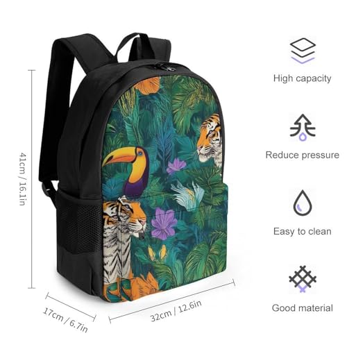Backpack with Adjustable Strap, Adults Tropical Wild Animals Tigers Leaf Green Large Capacity Wear-Resistant Shoulder Bag Daypack for Sports, Cute Backpack for Daily Use2