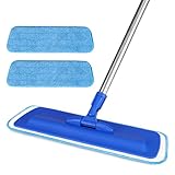 17.5' Professional Microfiber Floor Cleaning Mop, Flat Mop with Stainless Steel Handle, 2 Reusable Washable Pads, Wet and Dust Mopping for Hardwood, Vinyl, Laminate, Tile Cleaning (Blue)