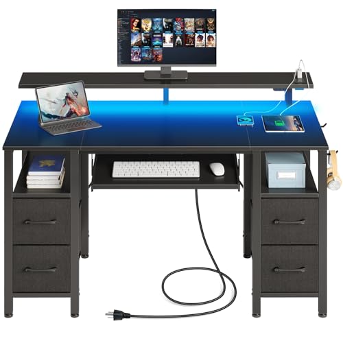 Seventable Computer Desk 47.2' with LED Lights & Power Outlets, Home Office Desk with 4 Drawers,...