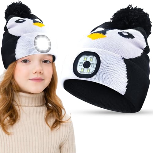 Leonshco Gorro de punto con luz LED para niños - Gorro de invierno recargable por USB con lámpara LED, linterna cálida, detalle de pompón para niños y niñas, sorpresa de cumpleaños, a, EinheitsgroBe