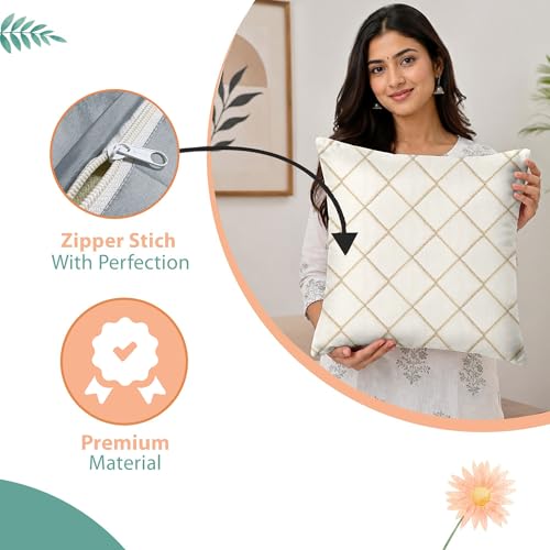 Image of Divine Casa Pluto Cushion Covers Set of 5 Beige | 16x16 Inch Jacquard Patchwork Design Cushion Covers | Decorative Throw Pillow Covers for Sofa & Couch