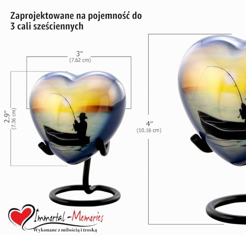 Wędkarska urna pamiątkowa z sercem – wędkarska urna kremacyjna na prochy – urna wędkarska – ręcznie wykonana urna wędkarska ze stojakiem, aksamitny futerał i torba (pamiątka w kształcie serca)