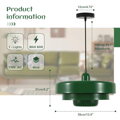 Image of 3-Tier Green Pendant Light Fixture, Mid-Century Modern Metal Chandelier Industrial Adjustable Hanging Light for Kitchen Island, Dining Room, Easy Install