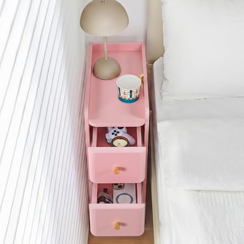Image of FurSch Narrow Nightstand, Wooden 2 Drawer, Slim Side End Table, Pink, 1 pc
