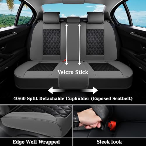 Image of Coverado Universal Car Seat Covers Full Set, Minimalist Scratch-Resistant Waterproof Faux Leather Front & Rear Seat Protectors, Business Daily Driving - GrayBlack