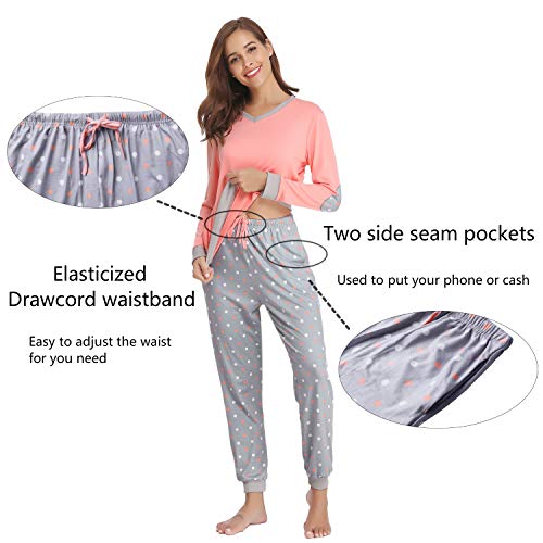 Hawiton Women's Cotton Long Sleeve Pajamas Set Sleepwear Dot Pattern Bottom Lounge Nightgowns Medium Orange