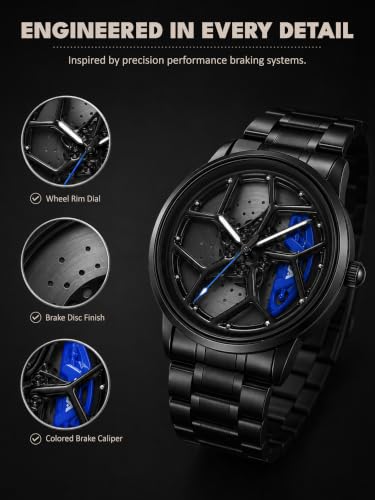 Image of V2A Men's Analog Automotive Inspired Wheel Rim Design Wrist Watch | Stainless Steel Bracelet| Quartz Movement | 30M Water Resistant | Premium Black Metal Strap Watch for Men | Casual & Formal