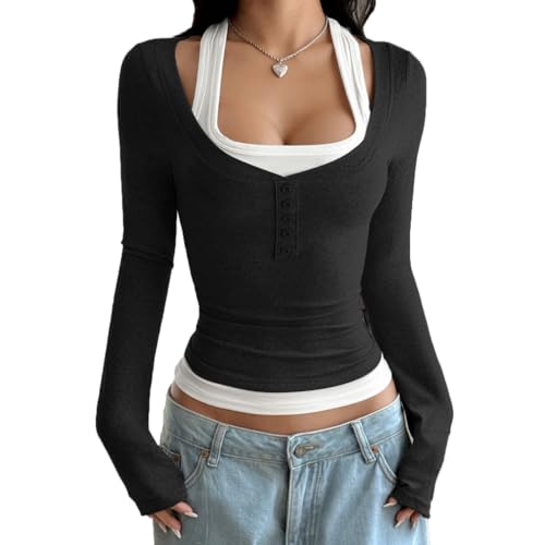 Women Y2k Scoop Neck Button Up Henley T Shirt Trendy Slim Fit Long Sleeve Fake Two Piece Contrast Color Crop Top