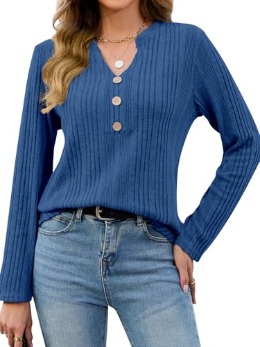 VUTRU Womens Tunic Sweater Pullover Top Long Sleeve V Neck Knit Blouse Shirt for Fall or Winter, Sapphire Blue XXL