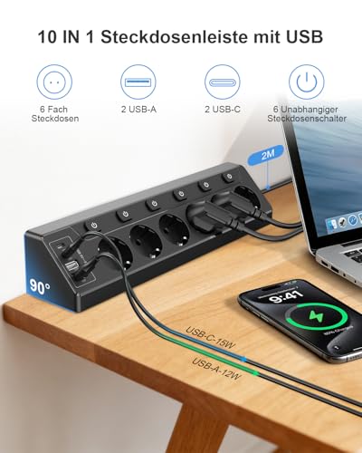 Vipwell Ecksteckdose mit Unabhängigem Schalter，Steckdosenleiste Mit 4 USB (2 USB C)+6 Fach Steckdose Mit Kindersicherung, 3680W, 2M Verlängerungskabel für Küche, Büro, Haushalt (Schwarz) 2
