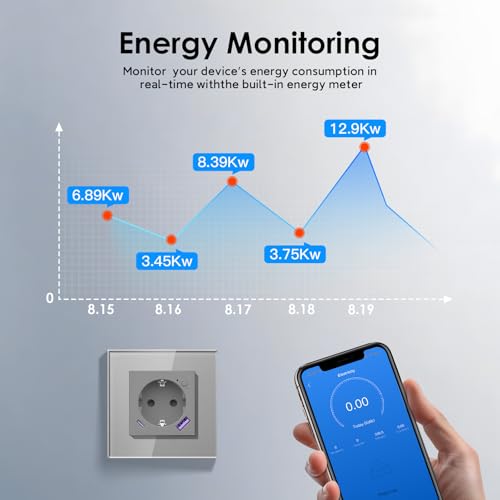 BSEED WLAN Schuko Steckdose mit USB C 20W Schnellladegerät,Smart WiFi Steckdose Unterputz mit Strommessung,Arbeit mit Alexa/Google Home,Stromzähler für Wandsteckdose mit Smart Life App,1 Fach Grau