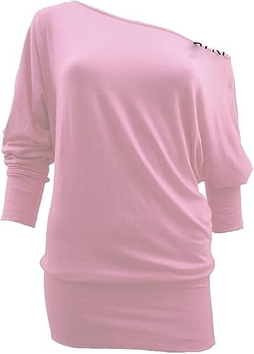 Image of Pretty Attitude Womens One Off-Shoulder Tops with Long Sleeves, Off Shoulder Batwing Jumper, Ladies Batwing Top (UK, Numeric, 12, 14, Regular, Regular, Baby Pink)