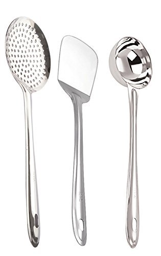 Sameer sales SAMEERSALES Stainless Steel Serving and Cooking Spoon | Puri Strainer + Spatula + Deep Ladle | Steel Spoon Set for Kitchen (Pack of 3)