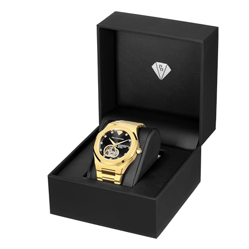 Image of PIERRE RICHARDSON PR5922 Men's Watch, Black Dial, 24K Pure Gold Plated, Automatic, Sapphire Glass, 41mm, 10ATM